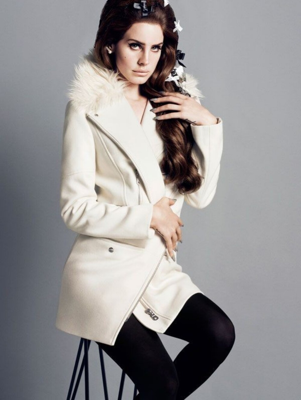 H&M Vintage Off White Cream Faux Fur Collar Wool-Blend Asymetrical Zipper Coat